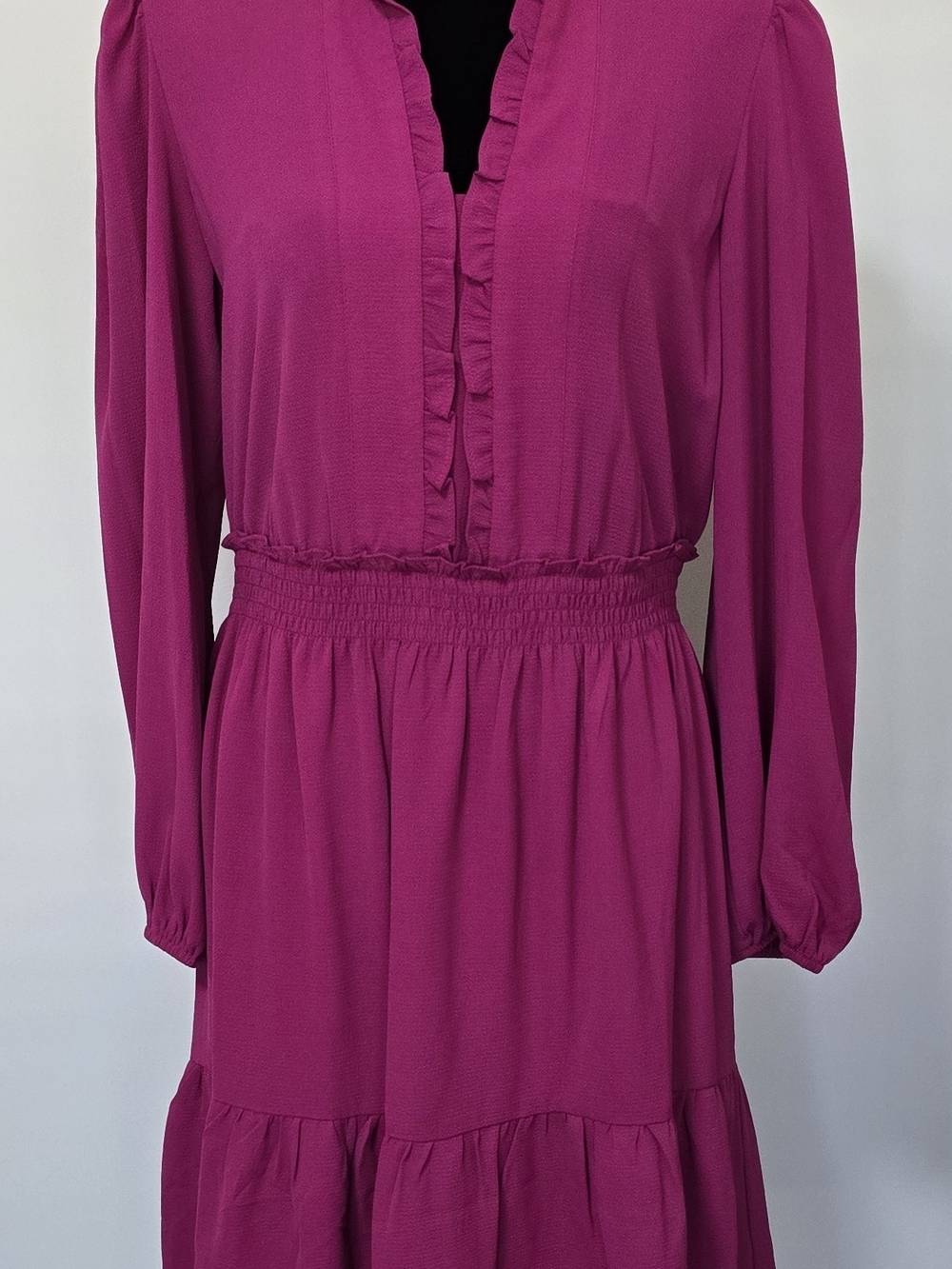 London Times Fuchsia Ruffle V-Neck Long Sleeve Dress
